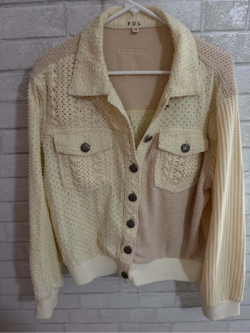 POL Two-Tone Cream & Beige Mixed-Knit Button Cardigan - Picture 2 of 6